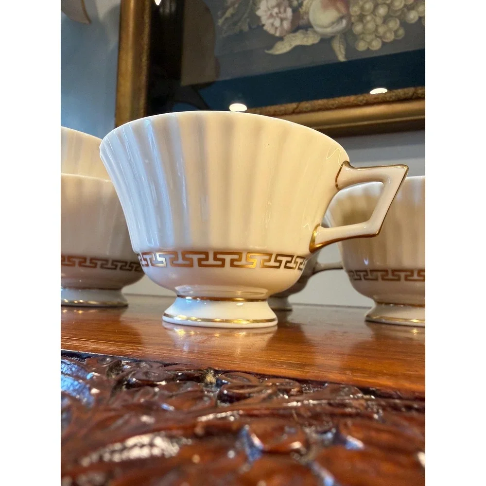 Vintage Lenox Cretan Tea Cups Set of 6 • Ivory Bone China w/ Gold Greek Key Trim